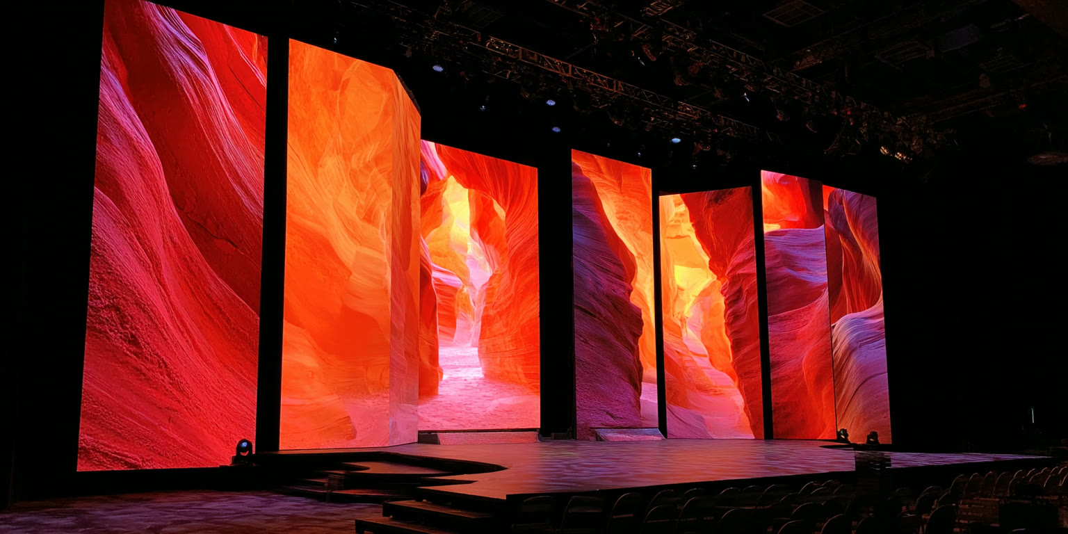 Stage LED panels displaying canyon imagery in a dark venue